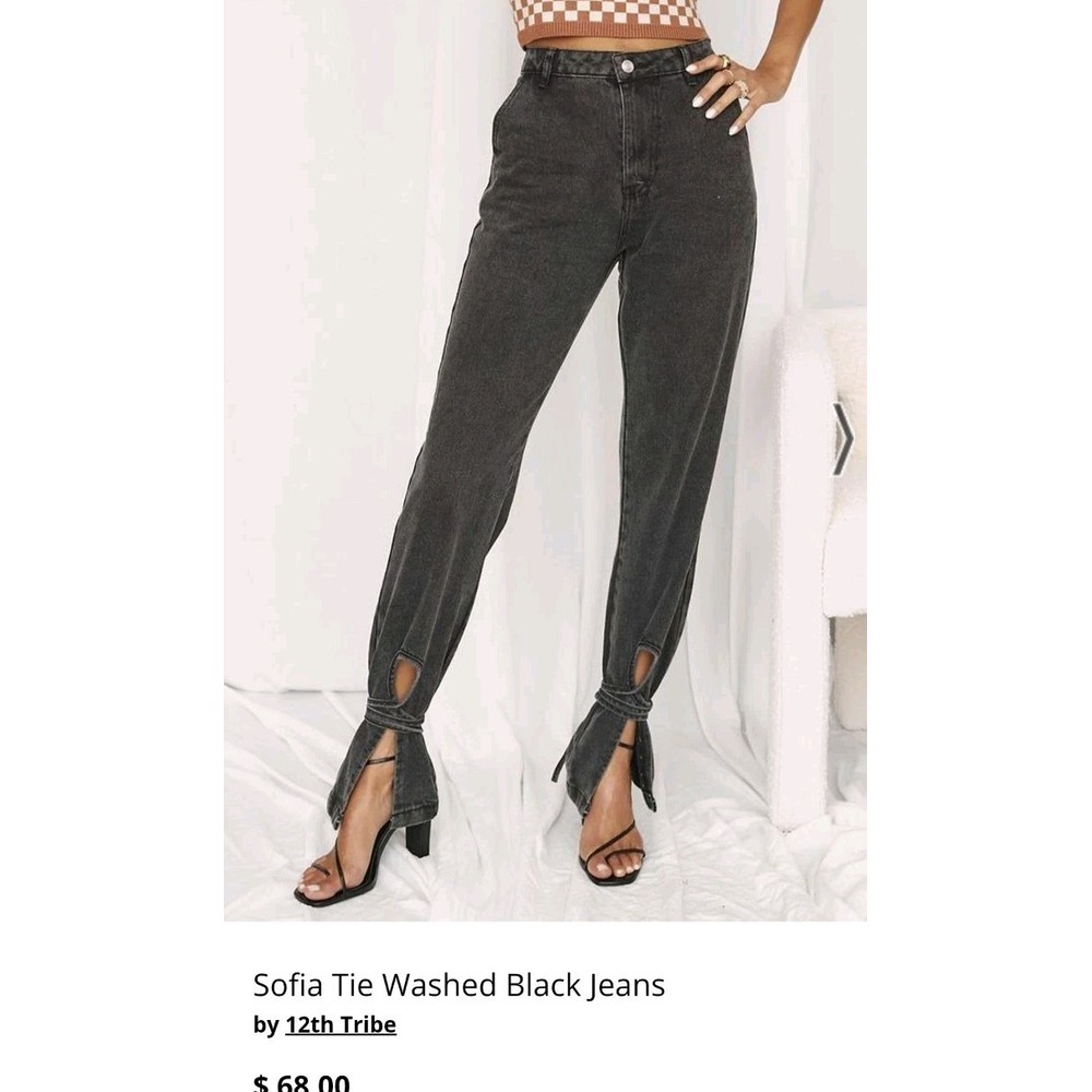 12th Tribe Washed Black Straight-Leg Tie Hem Jeans